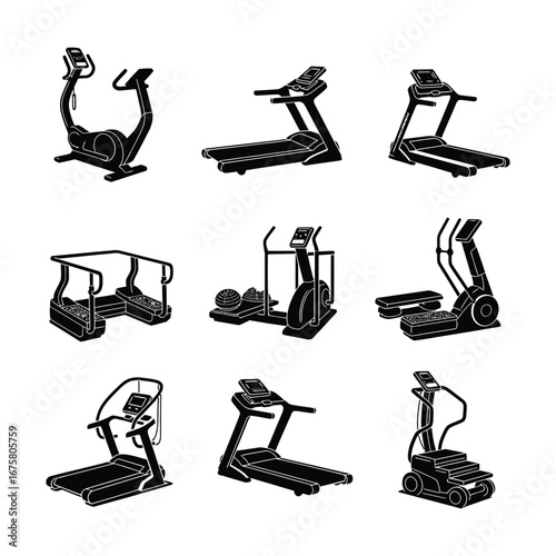 Collection of various physiotherapy robot silhouettes and gym equipment, exercise machines, and fitness devices for a healthy lifestyle