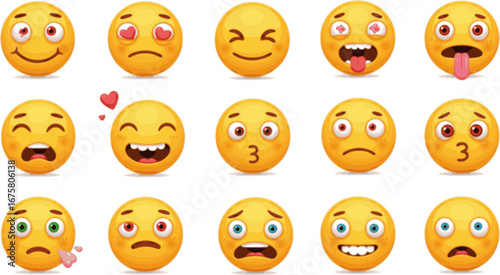 A set of classic round yellow smileys with crazy emotions. Funny, cute, horrible, creepy, freaky emoticons. Smiley memes for messengers.
