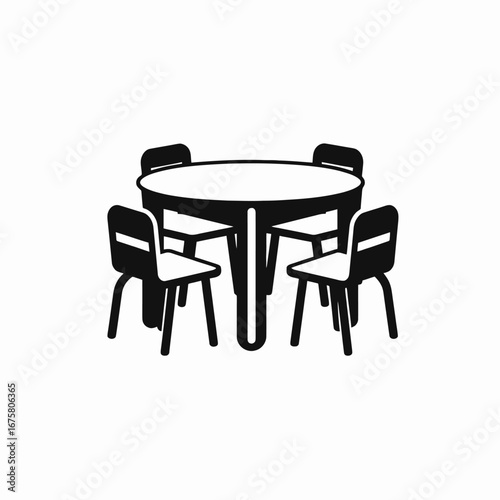 Simple round table surrounded by four chairs in graphic silhouette