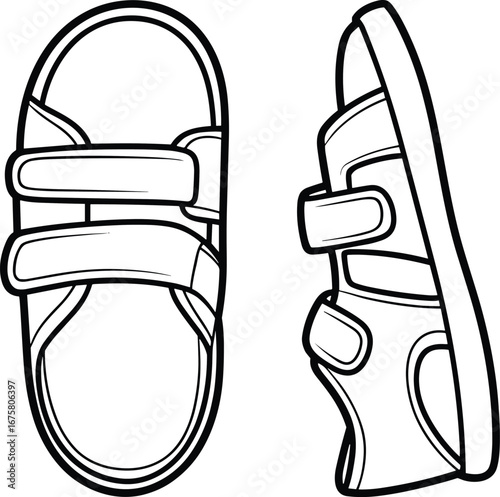 Velcro strap sandals illustration, line art footwear drawing, black and white sandal sketch, summer casual shoes, side and top view