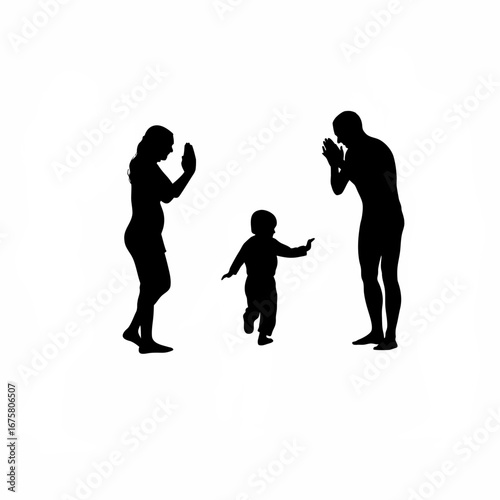 Silhouette of adoption counselor child running to parents isolated on white background