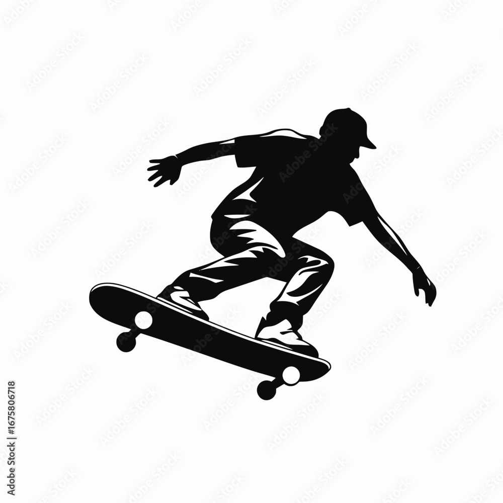 Fototapeta premium Dynamic skater airborne showcasing trick in black and white vector silhouette