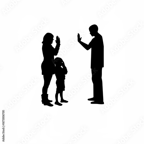 Silhouette of happy family adoption with counselor clapping isolated on white background