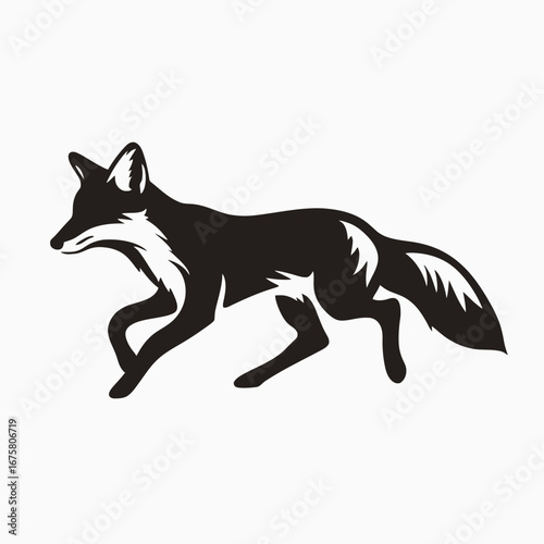 Striking minimalistic artwork depicting a wild fox in motion, rendered as silhouette