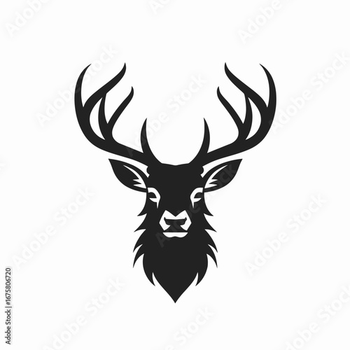Striking black deer head with majestic antlers, an elegant vector silhouette