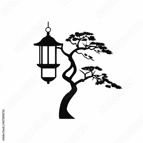Elegant oriental lantern and bonsai tree artful minimalistic black silhouette