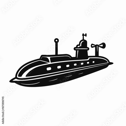 Striking vintage submarine nautical transport underwater sea vessel illustration, graphic black silhouette