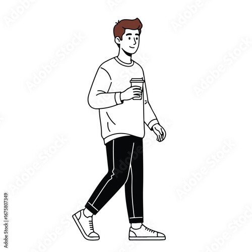 Smiling young man walking with coffee cup in hand down a city street on a bright morning, enjoying the start of his day.