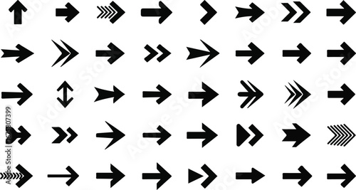 Assortment of Black Arrow Symbols Indicating Direction and Movement on White arrows pointer