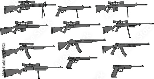 Assortment of Gray and Black Illustrations of Firearms with Scopes and Bipods rifle weapon