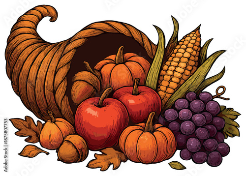 Thanksgiving cornucopia flat icon set. featuring cornucopia, pumpkin, apple, corn, grapes, and leaves