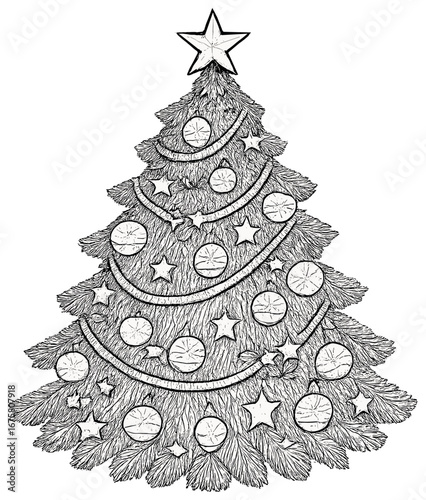 Christmas tree linear icon set. featuring ornaments, pine, star, baubles, and holiday decorations