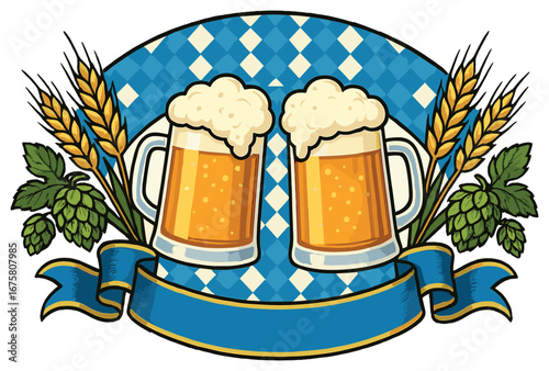 Beer festival 3d icon set. featuring mugs, hops, wheat, ribbon, and checkered background