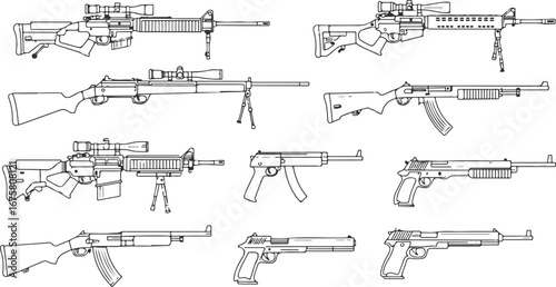 Collection of Hand Drawn Military Firearms and Handguns with Scopes and Bipods rifle weapon