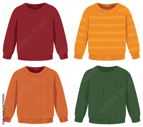 Winter sweaters 3d icon set. featuring red, striped yellow, orange, and green knitted garments