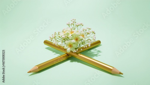 Pencil cross with golden pencil and daffodil flowers on mint background