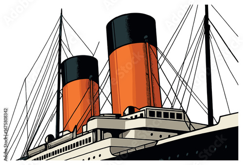 Historical ship linear art. featuring titanic with detailed structure and iconic details