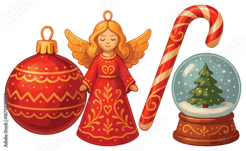 Christmas decorations 3d icon set: angel, ornament, candy cane, snow globe