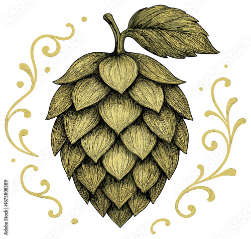Hop flower linear icon. featuring hop cone with leaf and decorative swirls