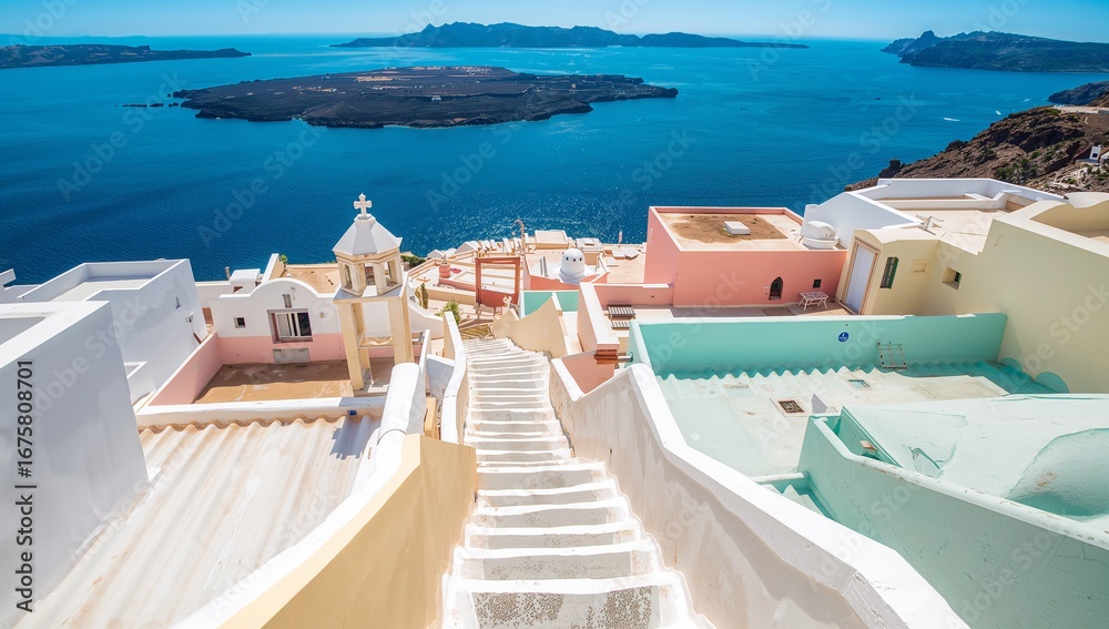 Obraz premium Staircase coastal landscape with pastel staircase houses and Aegean sea background