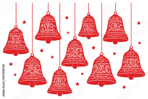 Christmas bells flat icon set. featuring festive, holiday, decorative, jingle, ornament, red, hanging, winter, vintage, pattern, celebration symbols