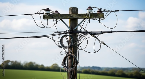 Electrical power pole with wires and insulators.