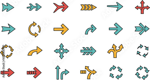 Diverse Set of Twenty Four Colorful Flat Design Arrow Icons with Black Outlines direction pointer