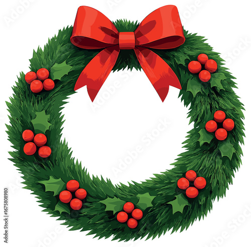 Christmas wreath 3d icon set. featuring holly, red ribbon, green leaves, berries, and festive decor