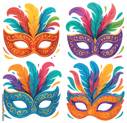 Carnival masks 3d icon set. featuring feathered masks in red, purple, blue, and orange