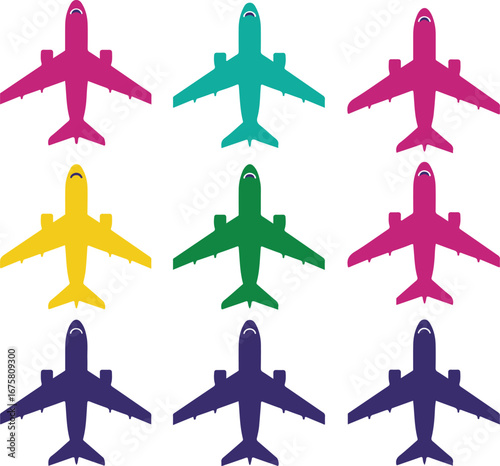 Nine colorful airplane icons in a grid formation on a white background aircraft travel