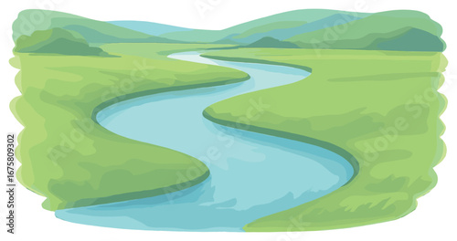 Nature landscape flat icon set. featuring river, mountains, fields, sky, and horizon