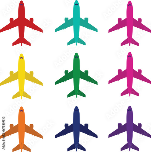 Grid of nine colorful flat design airplane icons on a white background aircraft travel
