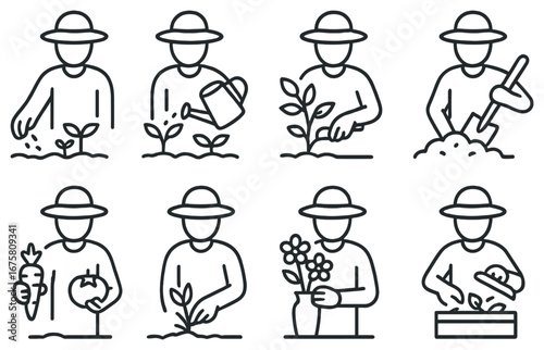 Gardening linear icon set. featuring planting, watering, digging, harvesting, pruning, and floral arrangements