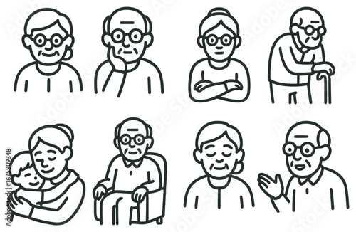 Elderly people linear icon set. featuring elderly man, woman, grandparents, caregivers, seniors, activities, and more