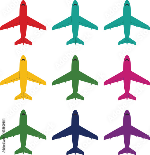 Nine flat design airplane icons in various colors arranged in a grid on a white background aircraft travel