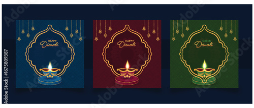 A collection of three elegant and traditional vector designs for the Deepavali festival. Each card features a lit oil lamp (diya) and a decorative golden frame.
