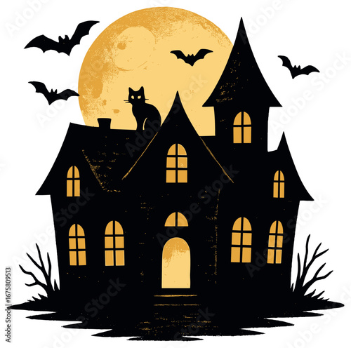 Halloween flat icon set. featuring haunted house, moon, cat, bats, and spooky tree symbols