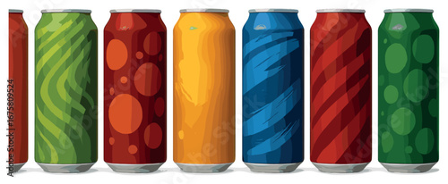 Colorful 3d soda cans icon set. featuring green, red, yellow, blue cans with patterns