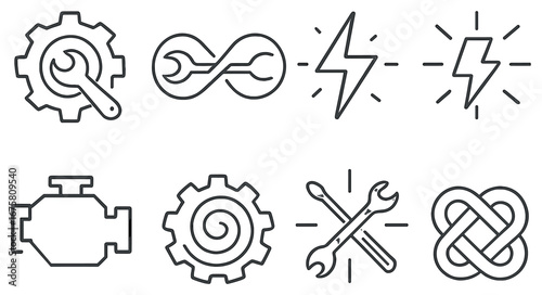 Mechanics and engineering linear icon set. featuring wrench, cogwheel, infinity, energy symbols