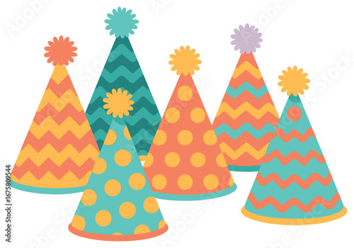 Party hat flat icon set. featuring striped, polka dot, zigzag, festive, colorful, and cone-shaped designs