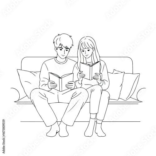 Young couple reading books together on a cozy sofa at home, enjoying a quiet and intimate moment of shared literature and relaxation.