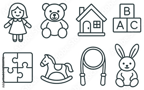 Toys and childhood linear icon set. featuring doll, teddy bear, house, blocks, puzzle, horse, jump rope, rabbit