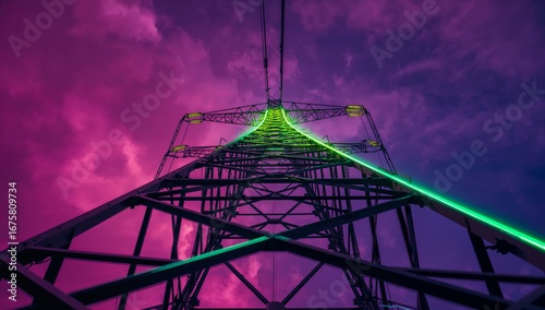 Electricity tower low angle view with glowing green insulators