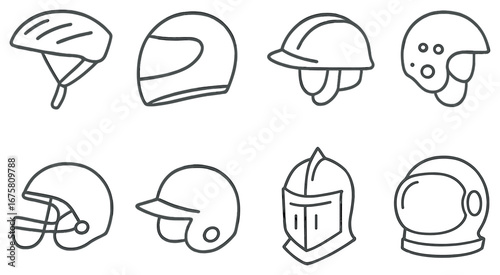 Helmet linear icon set. featuring bike, motorcycle, construction, pilot, sports, knight, astronaut symbols