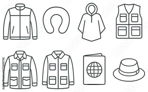 Travel gear linear icon set. featuring jacket, neck pillow, poncho, vest, passport, and hat symbols