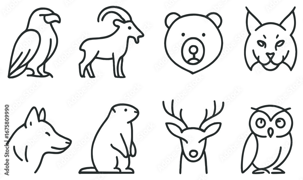 Naklejka premium Wild animals linear icon set. featuring eagle, goat, bear, lynx, wolf, beaver, deer, and owl symbols