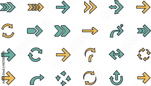 Twenty Four Colorful Flat Design Arrow Icons with Black Outlines direction pointer