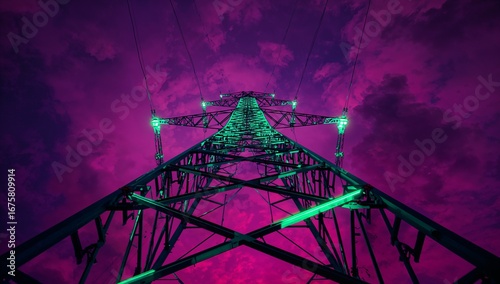 Electricity pylon against dramatic magenta sky with neon lights