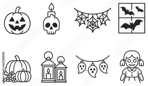 Halloween linear icon set. featuring pumpkin, skull, candle, bats, spiderweb, lanterns, ghosts, doll