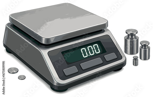Kitchen equipment 3d icon set. featuring digital scale, weights, buttons, and measurement tools